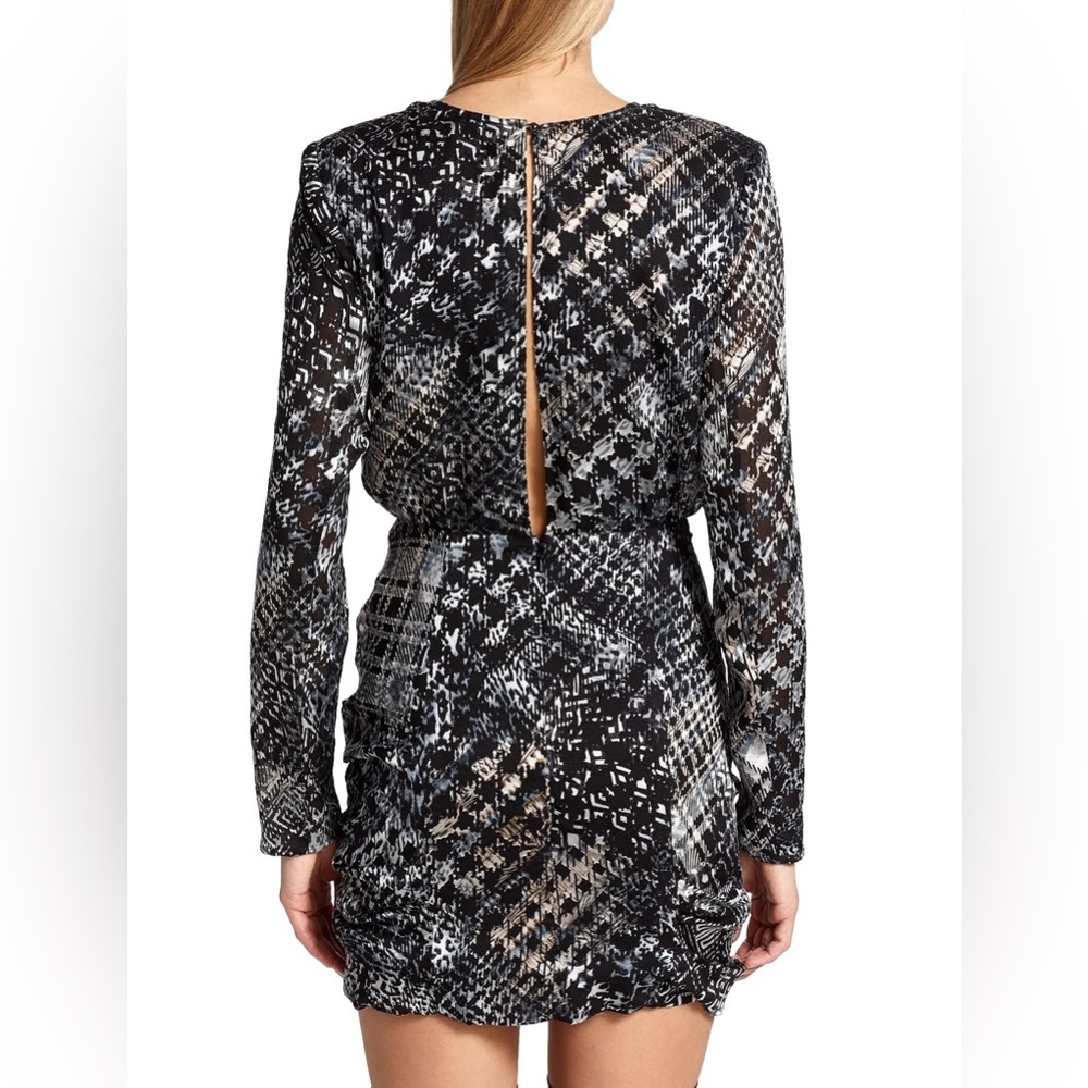 Ramy Brook Myla Mini Dress Black Houndstooth Burnout Multi Ruched Faux Wrap NWT - Picture 8 of 16